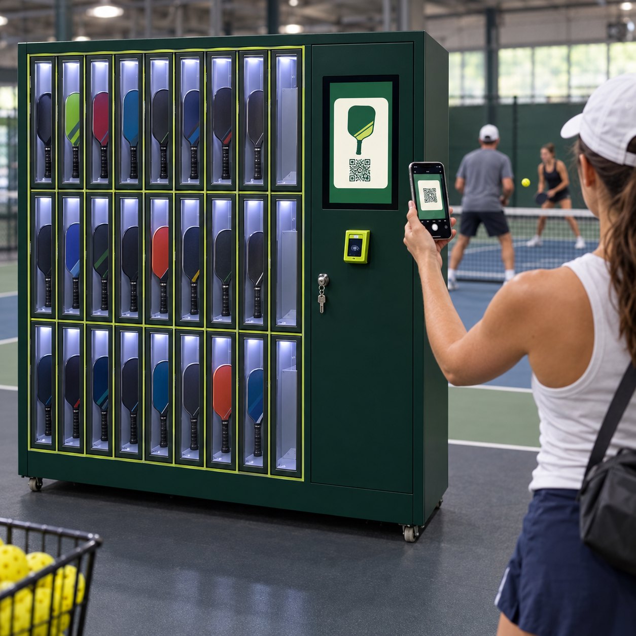 A player scans the QR code on the paddle locker screen with a phone
